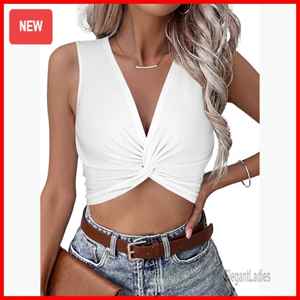 V-Neck Twist Front Ribbed Knit Sleeveless Crop Top Cami Tank